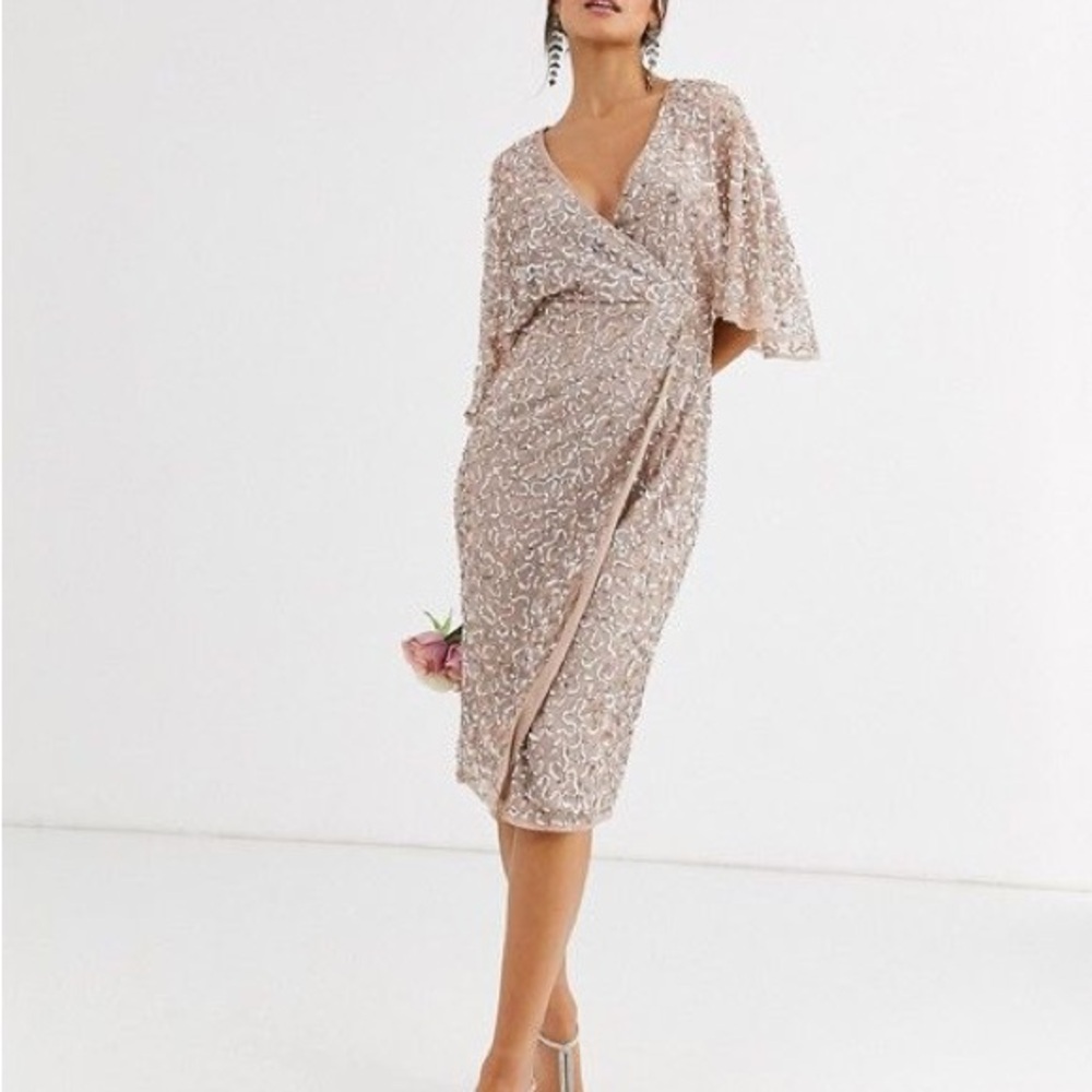 Maya Bridesmaid delicate sequin wrap midi dress in muted blush NWT
